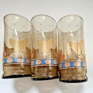 Anchor Hocking Smokey Brown Chicken and Heart pattern Glasses Set of 3